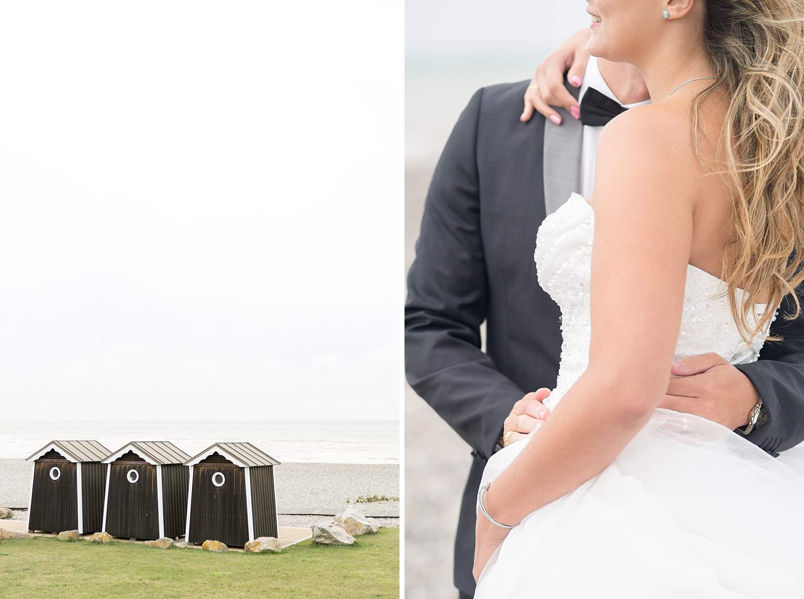 Séance photo de mariage sur la plage de varengeville-sur-mer. Vue des cabine en bois au bord des galets.