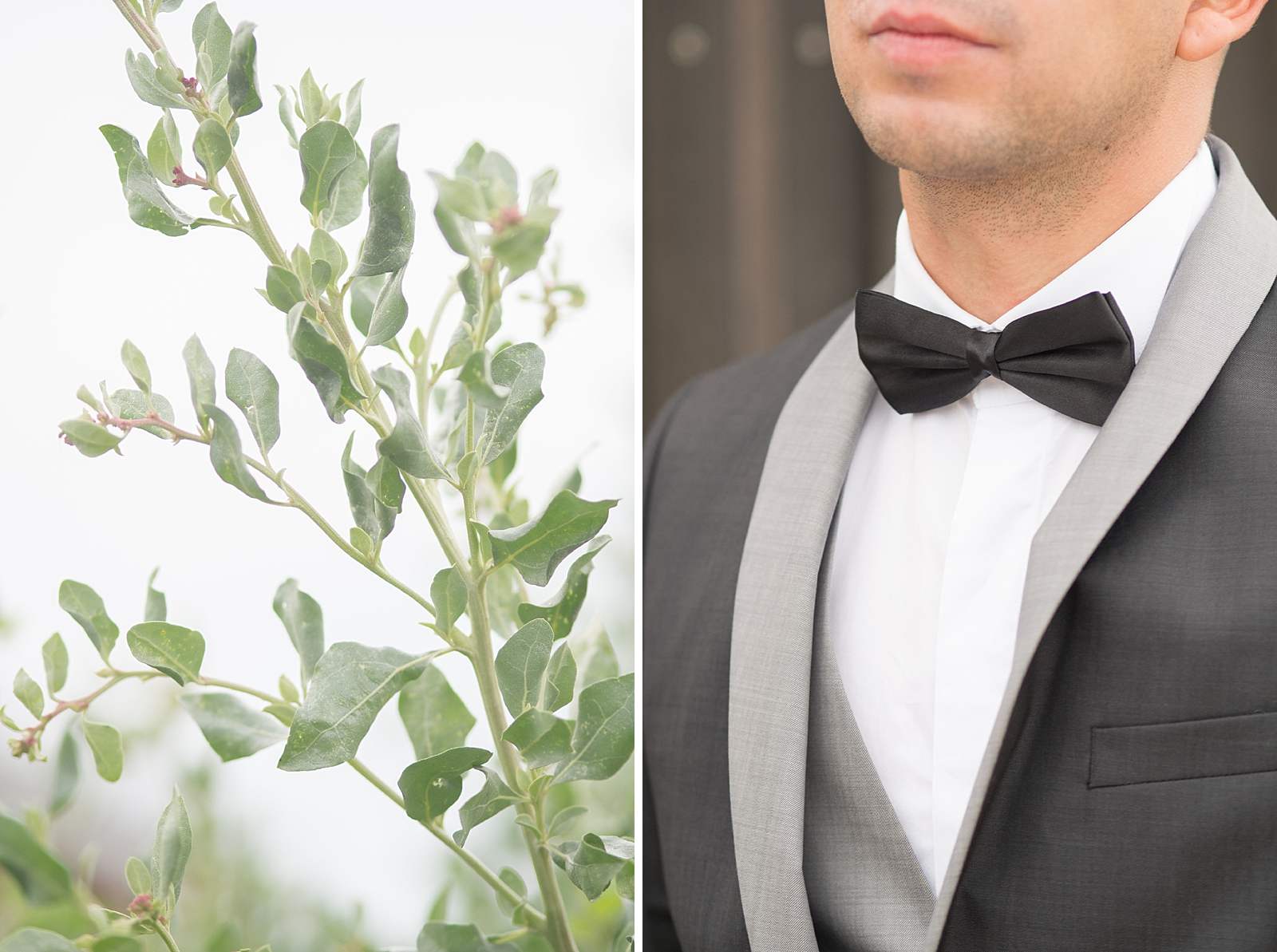 détails sur le costume de mariage du marié. costume gris foncé et noeud de papillon noir