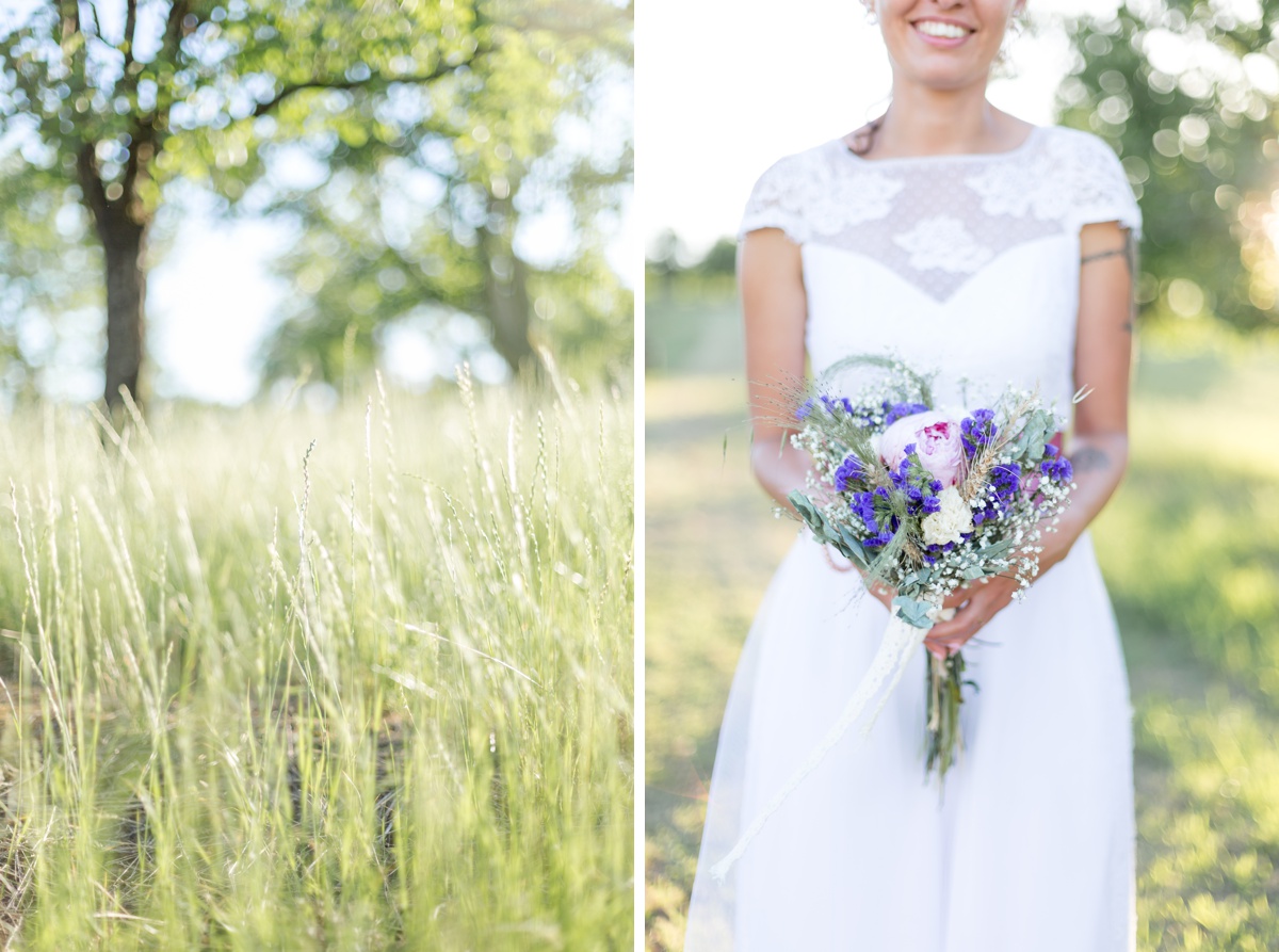 Diptyque de la mariée tenant son bouquet champêtre et de la végétation des vergés
